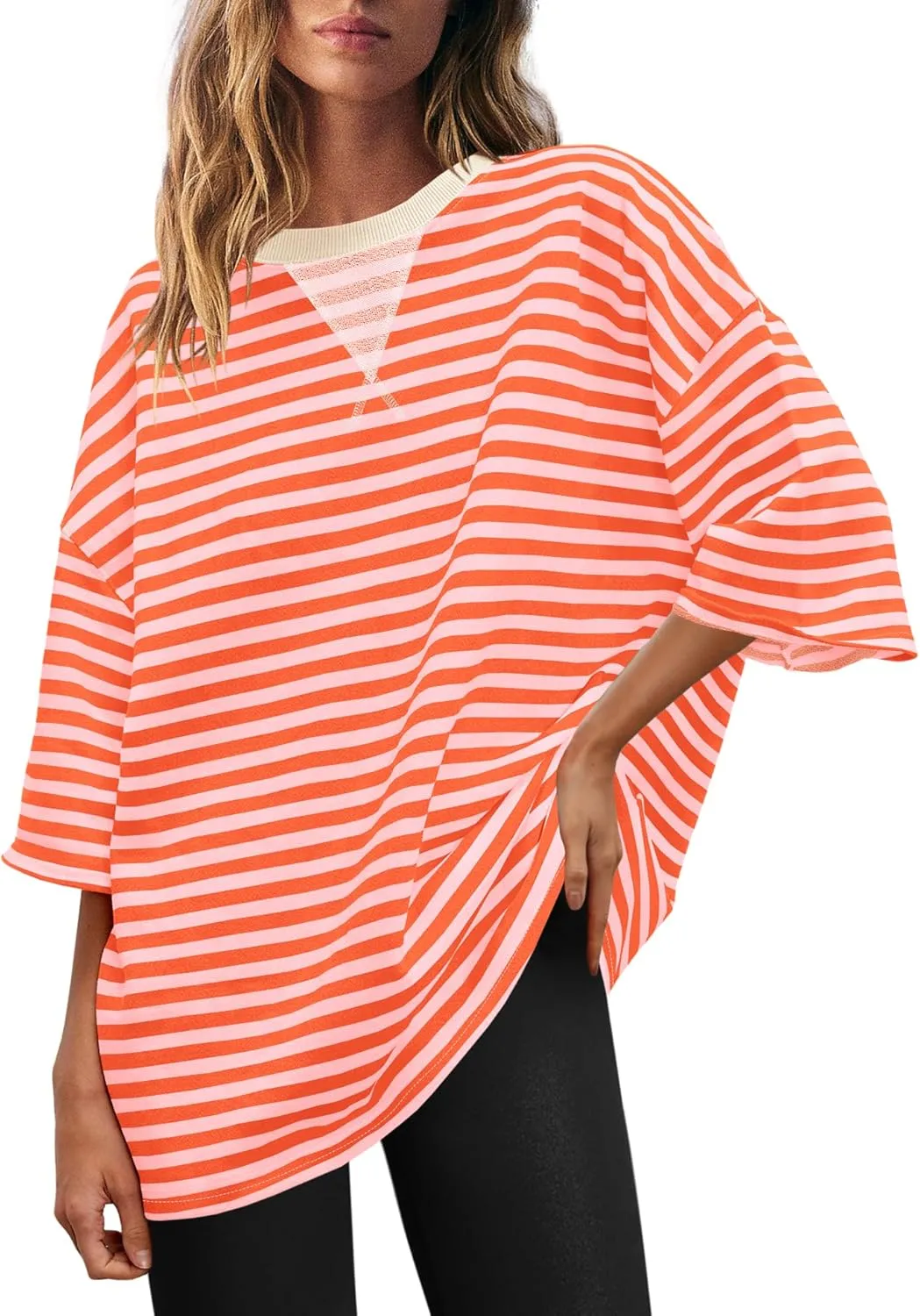 Yanekop Womens Striped Short Sleeve Tshirt Crewneck Oversized Shirt Color Block T Shirts Loose Fit Tunic Tee