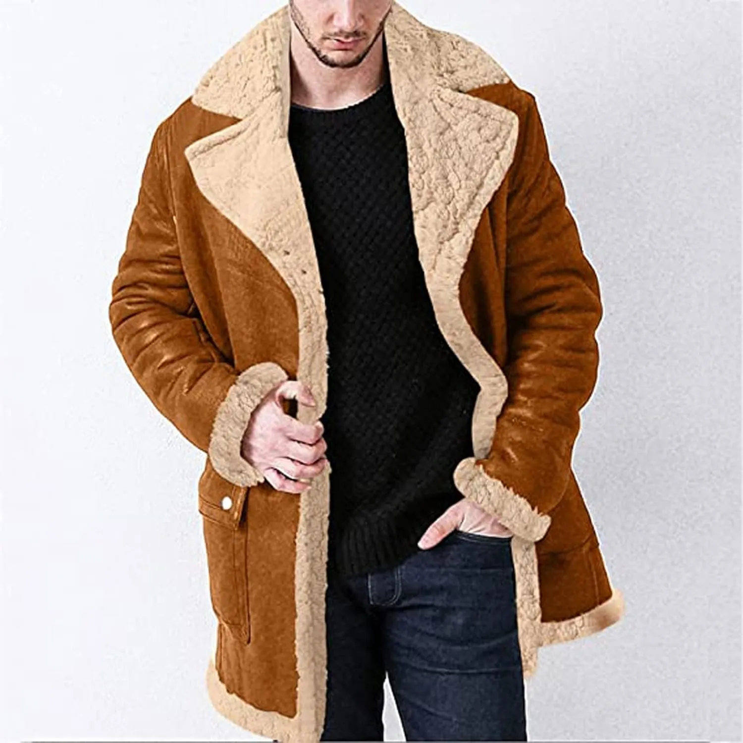 Ymosrh Men's Winter Trench Coat Sherpa Lined Pea Coat Business Casual Overcoat Long Jacket Coat, L-5XL
