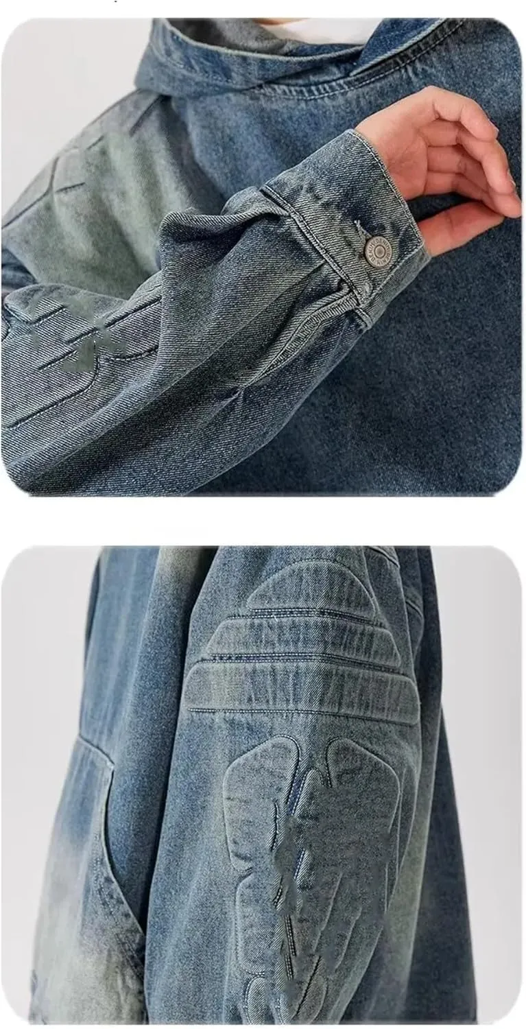YTR6TW Men Hooded Denim Jacket Men Loose Casual Vintage Sweatshirt Coat Men Street Washed Pullover Denim Jacket