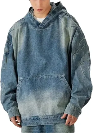 YTR6TW Men Hooded Denim Jacket Men Loose Casual Vintage Sweatshirt Coat Men Street Washed Pullover Denim Jacket
