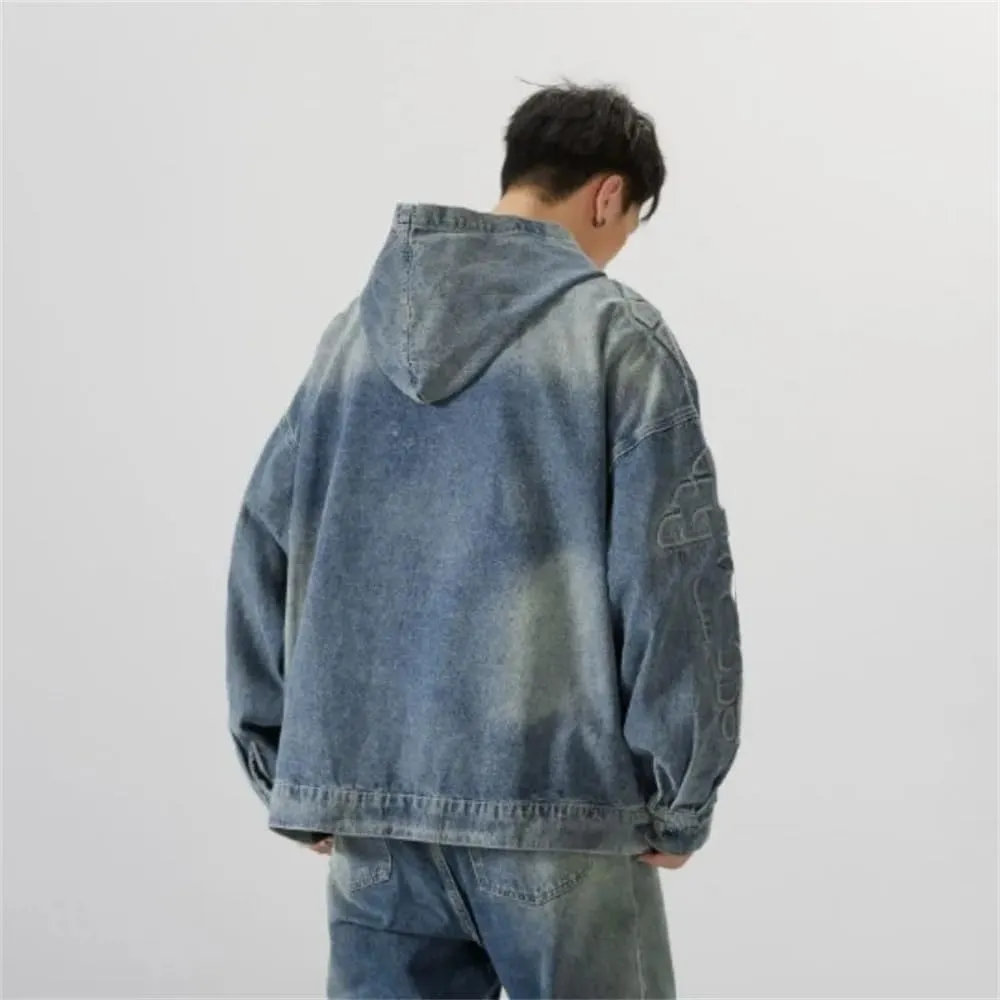 YTR6TW Men Hooded Denim Jacket Men Loose Casual Vintage Sweatshirt Coat Men Street Washed Pullover Denim Jacket