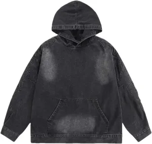 YTR6TW Men Hooded Denim Jacket Men Loose Casual Vintage Sweatshirt Coat Men Street Washed Pullover Denim Jacket