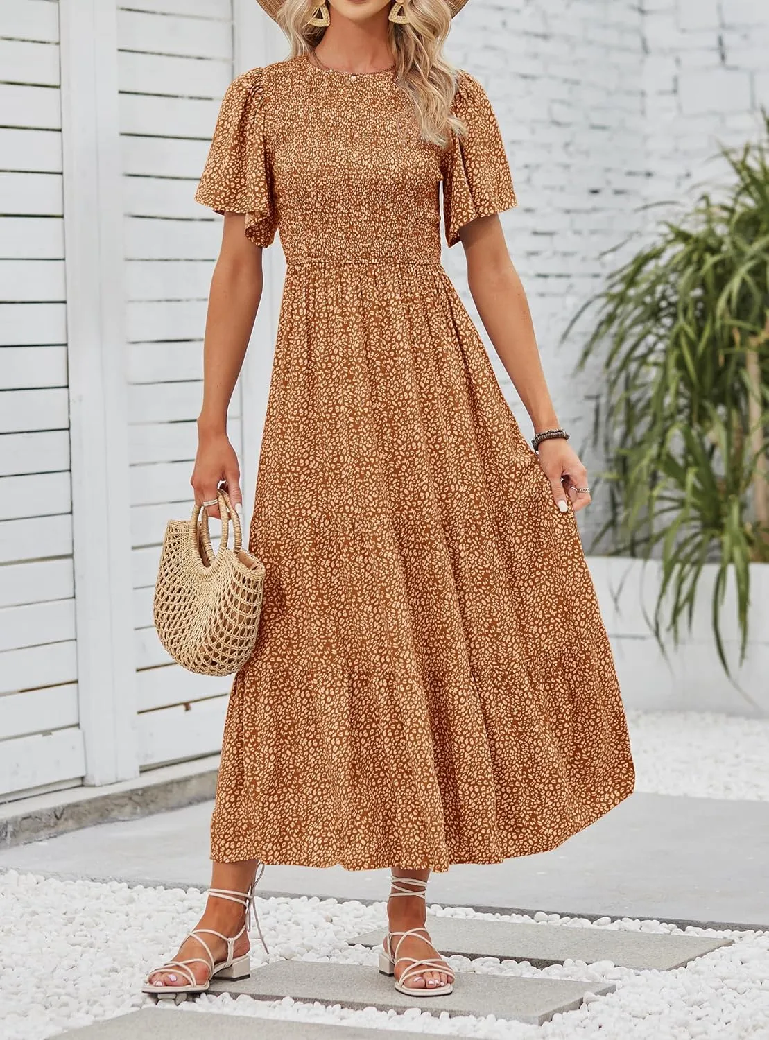 ZESICA Women's 2025 Summer Casual Floral Print Short Flutter Sleeve Crew Neck Smocked High Waist Flowy Maxi Dress