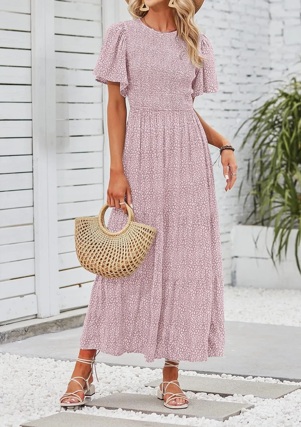 ZESICA Women's 2025 Summer Casual Floral Print Short Flutter Sleeve Crew Neck Smocked High Waist Flowy Maxi Dress