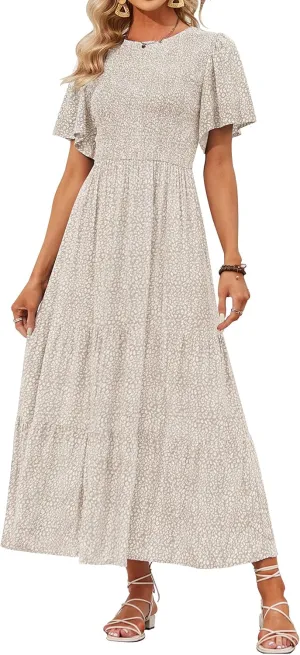ZESICA Women's 2025 Summer Casual Floral Print Short Flutter Sleeve Crew Neck Smocked High Waist Flowy Maxi Dress