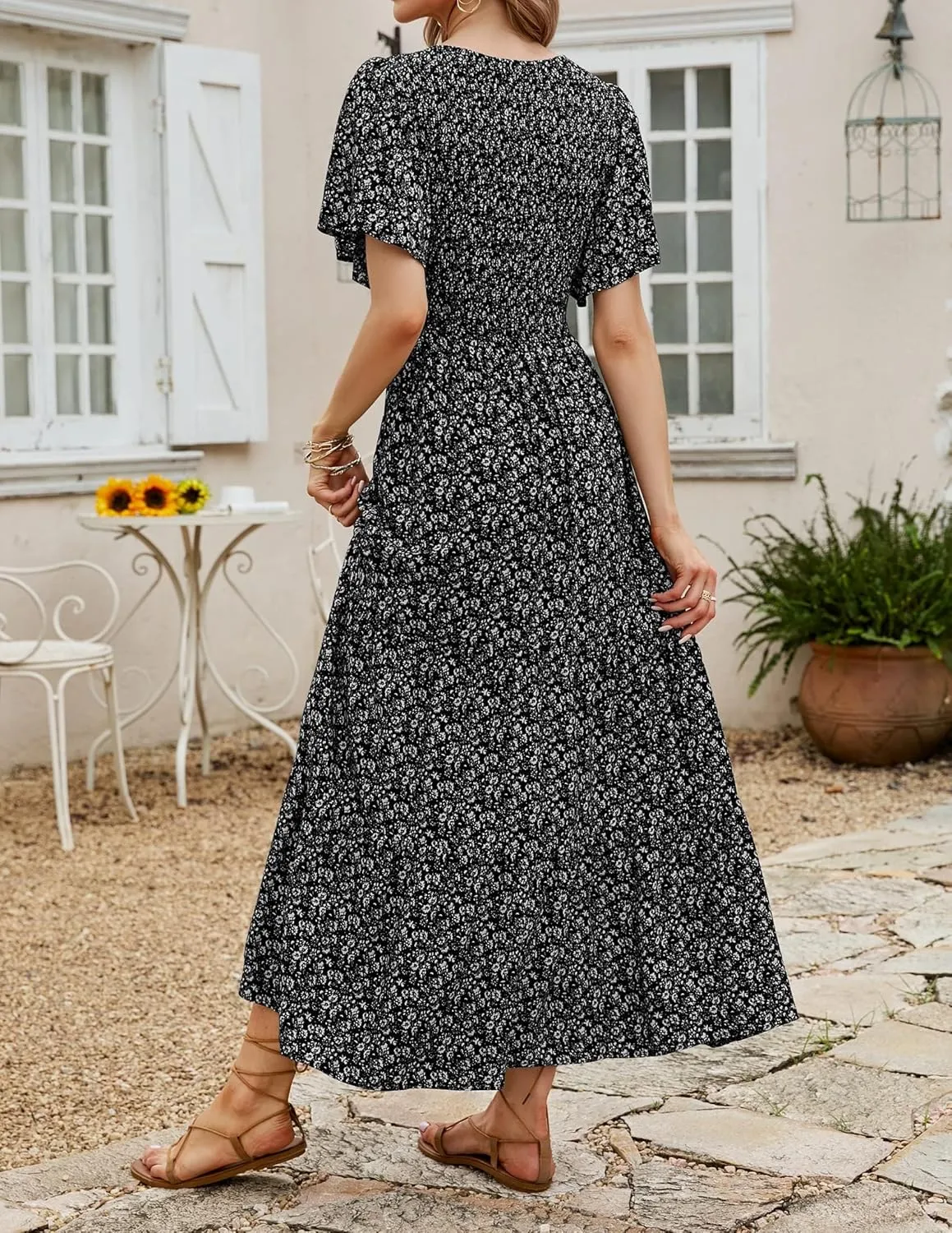 ZESICA Women's 2025 Summer Casual Floral Print Short Flutter Sleeve Crew Neck Smocked High Waist Flowy Maxi Dress