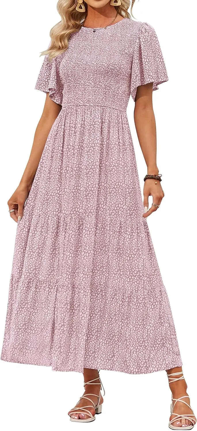 ZESICA Women's 2025 Summer Casual Floral Print Short Flutter Sleeve Crew Neck Smocked High Waist Flowy Maxi Dress