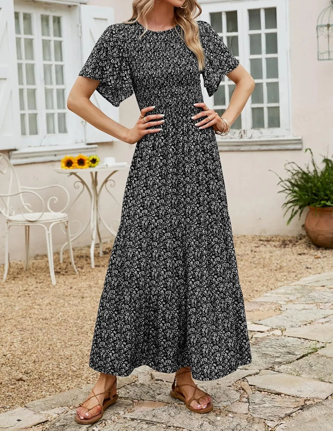 ZESICA Women's 2025 Summer Casual Floral Print Short Flutter Sleeve Crew Neck Smocked High Waist Flowy Maxi Dress