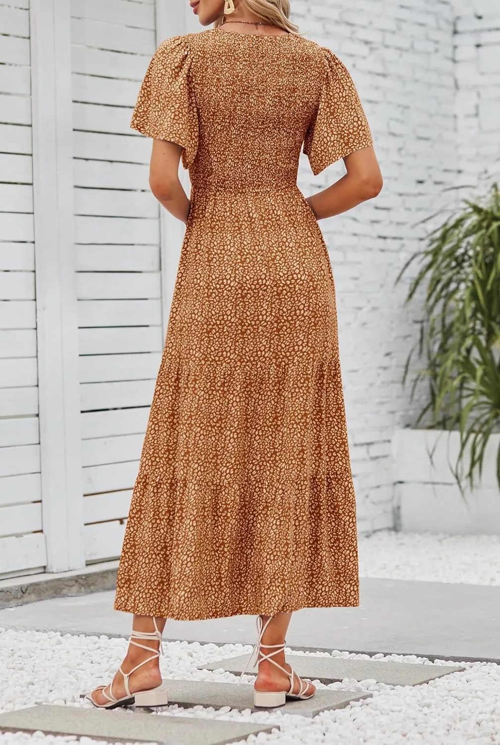 ZESICA Women's 2025 Summer Casual Floral Print Short Flutter Sleeve Crew Neck Smocked High Waist Flowy Maxi Dress