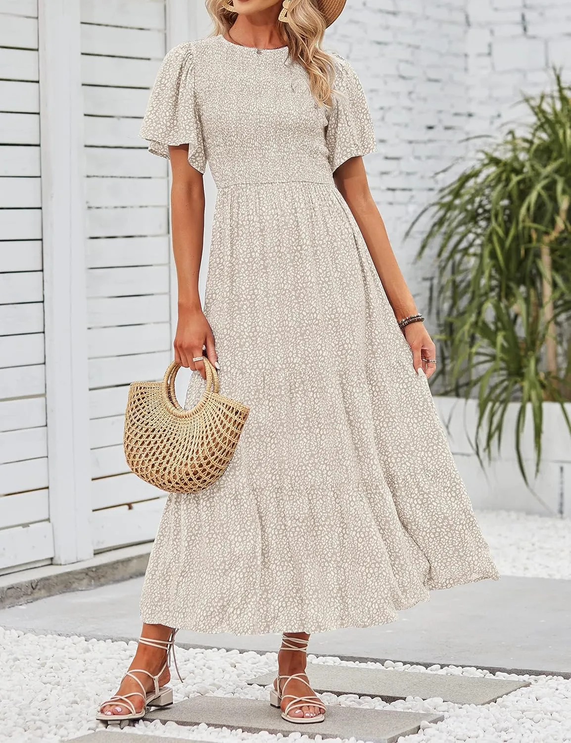 ZESICA Women's 2025 Summer Casual Floral Print Short Flutter Sleeve Crew Neck Smocked High Waist Flowy Maxi Dress