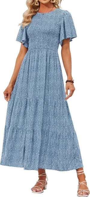 ZESICA Women's 2025 Summer Casual Floral Print Short Flutter Sleeve Crew Neck Smocked High Waist Flowy Maxi Dress