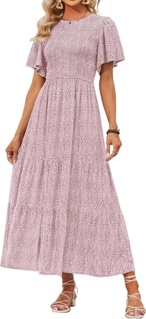 ZESICA Women's 2025 Summer Casual Floral Print Short Flutter Sleeve Crew Neck Smocked High Waist Flowy Maxi Dress