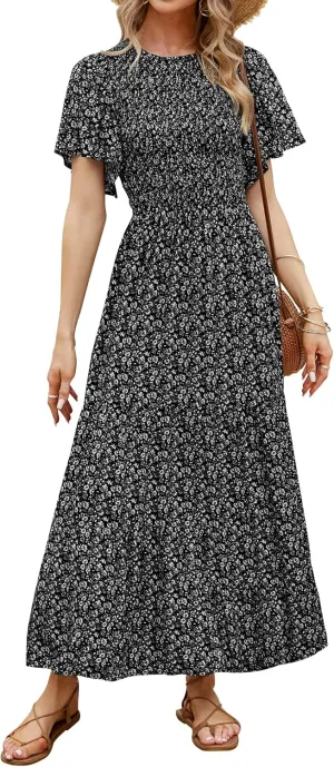 ZESICA Women's 2025 Summer Casual Floral Print Short Flutter Sleeve Crew Neck Smocked High Waist Flowy Maxi Dress