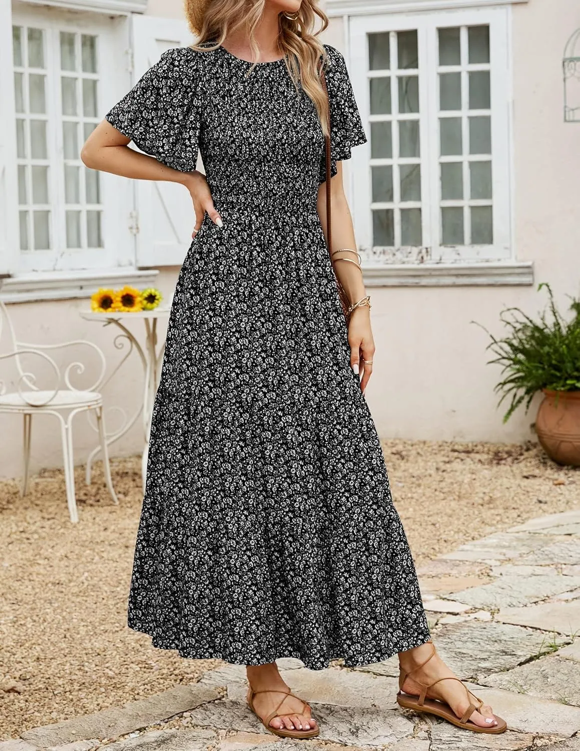 ZESICA Women's 2025 Summer Casual Floral Print Short Flutter Sleeve Crew Neck Smocked High Waist Flowy Maxi Dress