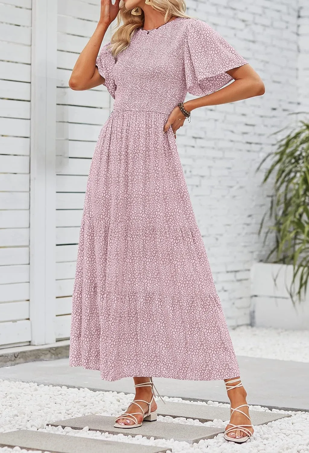 ZESICA Women's 2025 Summer Casual Floral Print Short Flutter Sleeve Crew Neck Smocked High Waist Flowy Maxi Dress