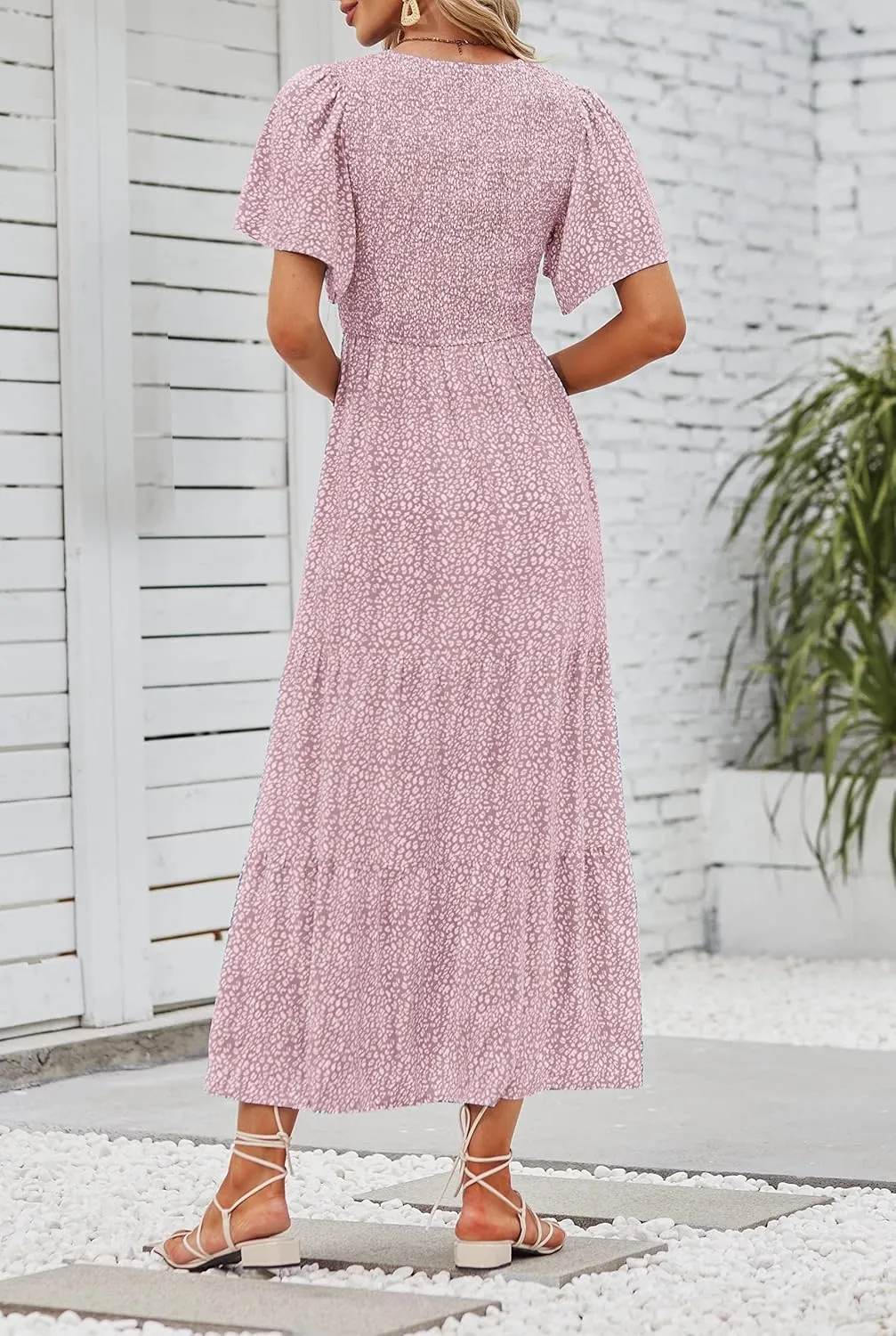 ZESICA Women's 2025 Summer Casual Floral Print Short Flutter Sleeve Crew Neck Smocked High Waist Flowy Maxi Dress