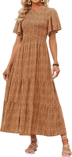 ZESICA Women's 2025 Summer Casual Floral Print Short Flutter Sleeve Crew Neck Smocked High Waist Flowy Maxi Dress