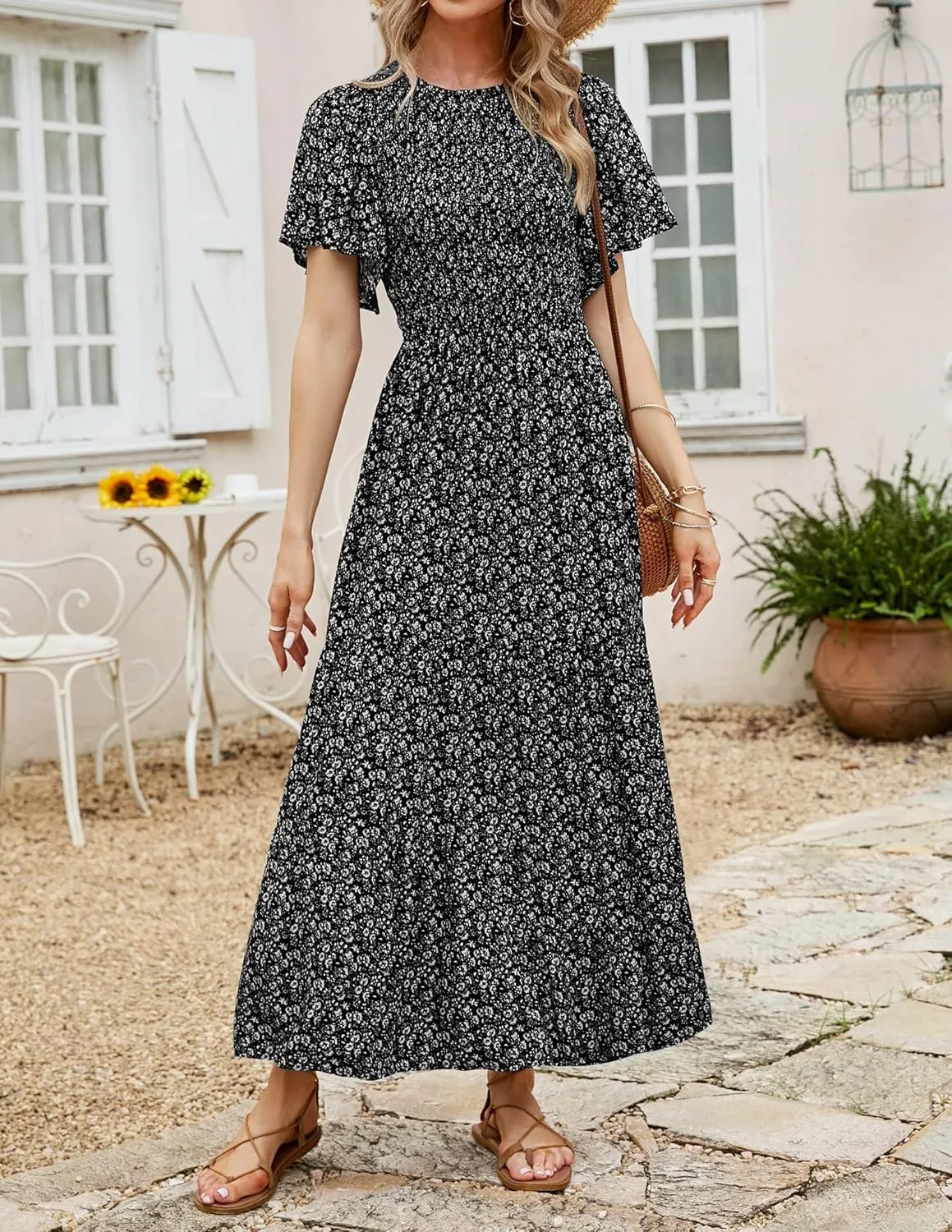 ZESICA Women's 2025 Summer Casual Floral Print Short Flutter Sleeve Crew Neck Smocked High Waist Flowy Maxi Dress