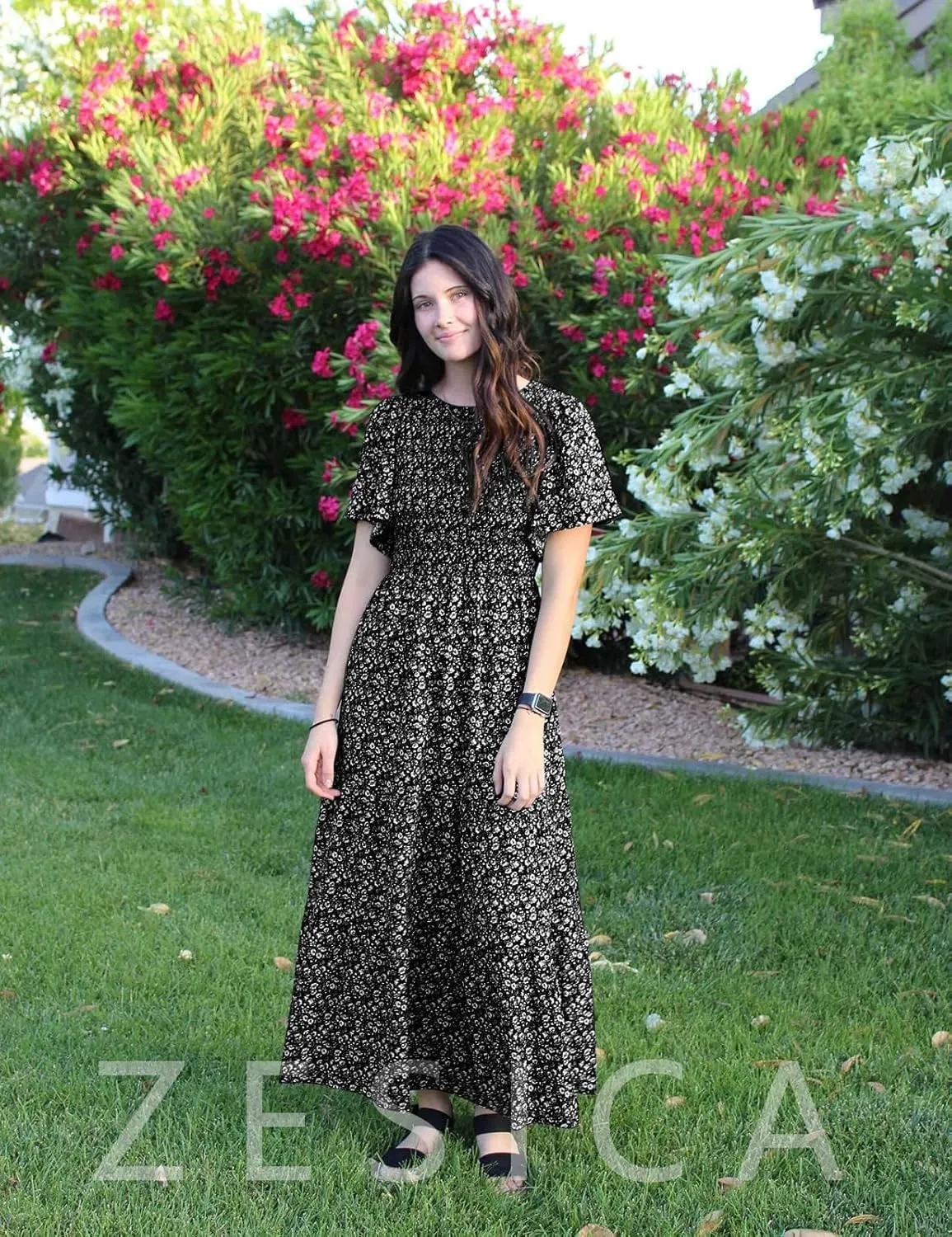 ZESICA Women's 2025 Summer Casual Floral Print Short Flutter Sleeve Crew Neck Smocked High Waist Flowy Maxi Dress
