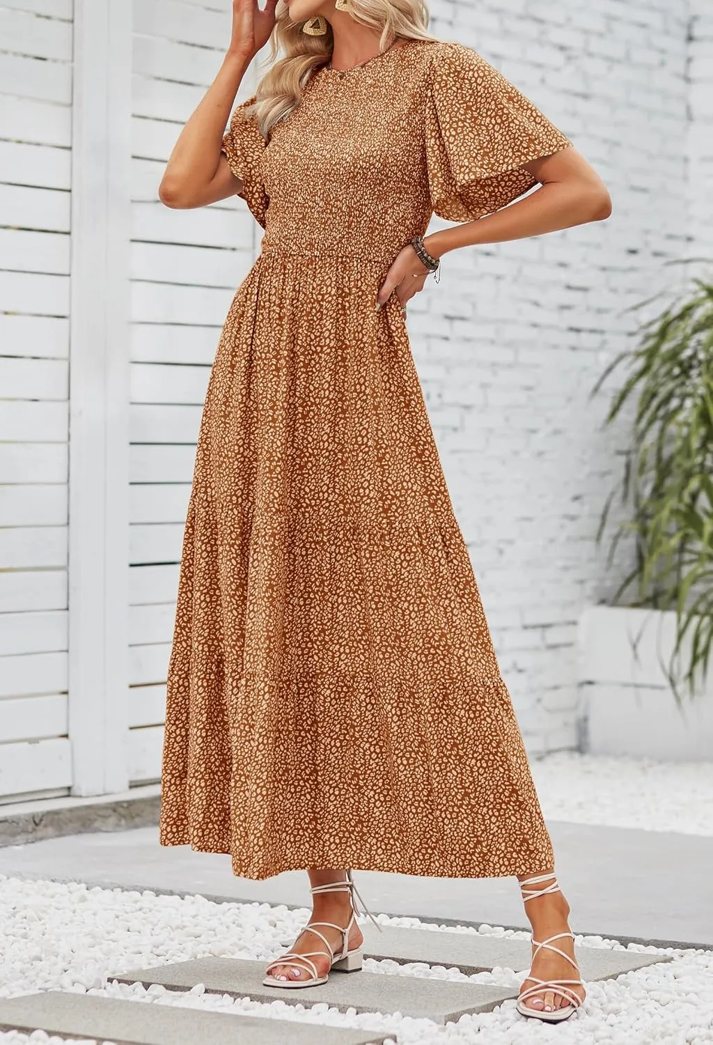 ZESICA Women's 2025 Summer Casual Floral Print Short Flutter Sleeve Crew Neck Smocked High Waist Flowy Maxi Dress