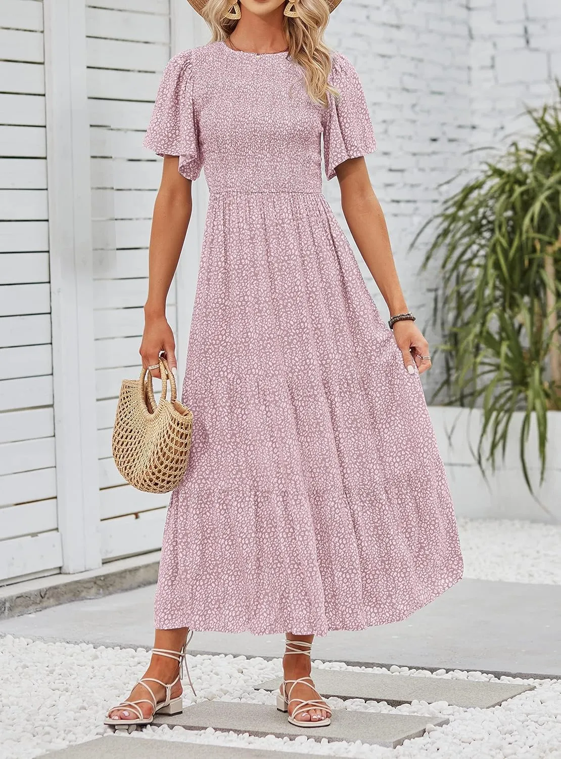 ZESICA Women's 2025 Summer Casual Floral Print Short Flutter Sleeve Crew Neck Smocked High Waist Flowy Maxi Dress