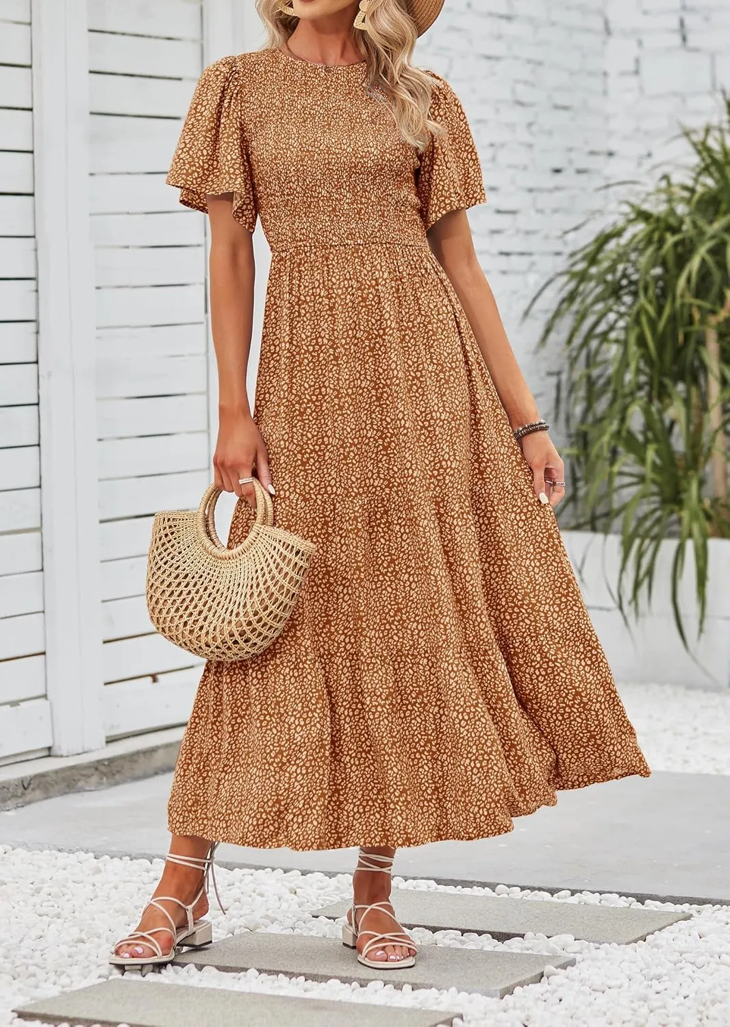 ZESICA Women's 2025 Summer Casual Floral Print Short Flutter Sleeve Crew Neck Smocked High Waist Flowy Maxi Dress