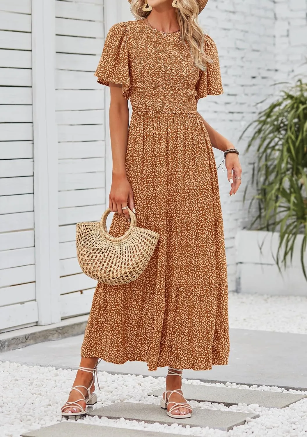 ZESICA Women's 2025 Summer Casual Floral Print Short Flutter Sleeve Crew Neck Smocked High Waist Flowy Maxi Dress