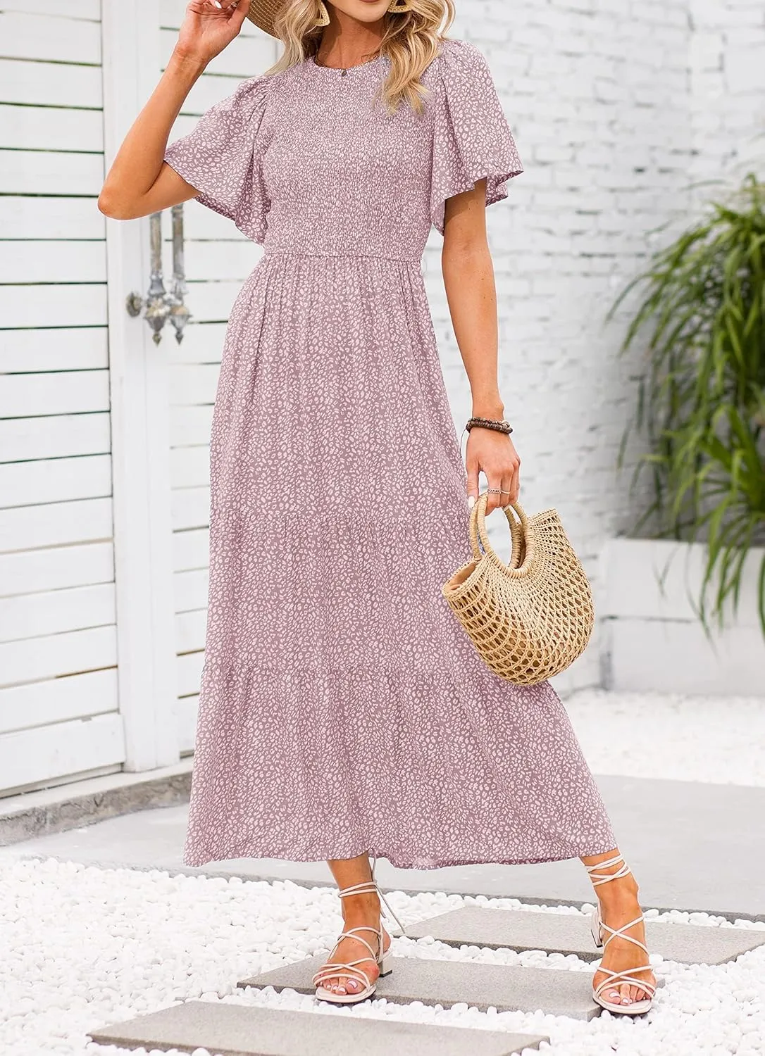 ZESICA Women's 2025 Summer Casual Floral Print Short Flutter Sleeve Crew Neck Smocked High Waist Flowy Maxi Dress