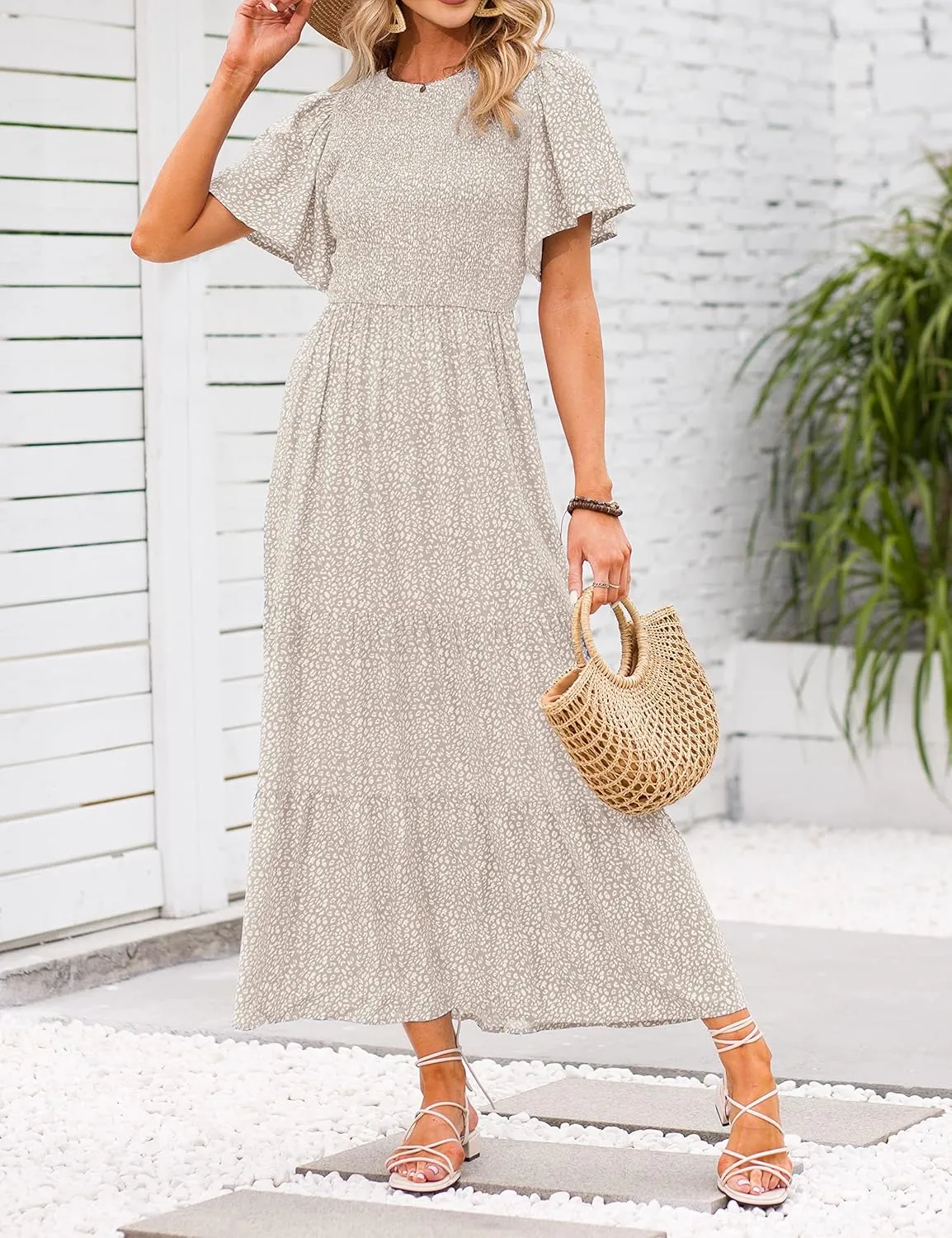 ZESICA Women's 2025 Summer Casual Floral Print Short Flutter Sleeve Crew Neck Smocked High Waist Flowy Maxi Dress