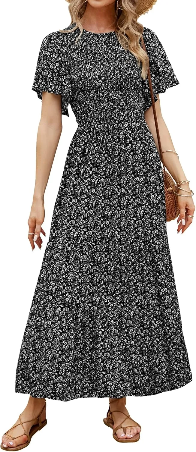 ZESICA Women's 2025 Summer Casual Floral Print Short Flutter Sleeve Crew Neck Smocked High Waist Flowy Maxi Dress