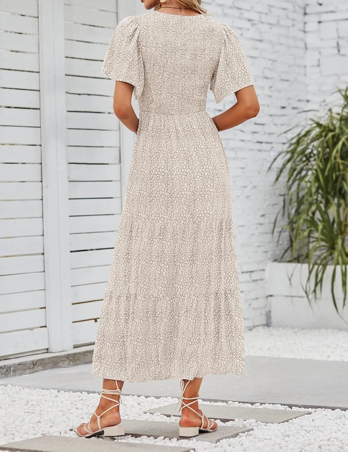 ZESICA Women's 2025 Summer Casual Floral Print Short Flutter Sleeve Crew Neck Smocked High Waist Flowy Maxi Dress