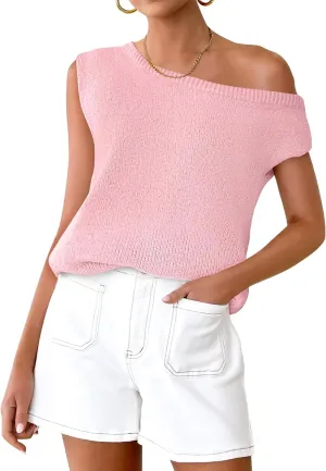 ZESICA Women's Summer Off The Shoulder Knit Tops 2025 Casual Short Sleeve Oversized Shirt